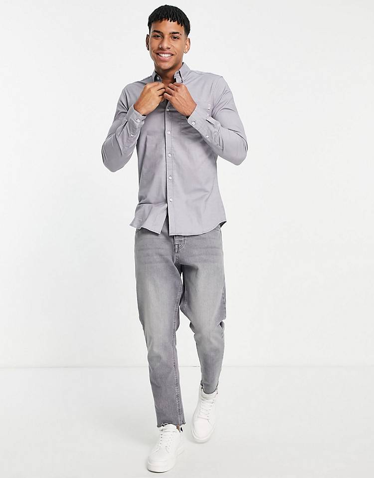 Topman long sleeve stretch skinny oxford shirt in gray